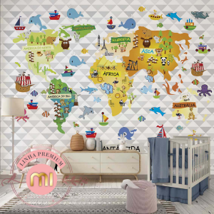 Painel Mapa Mundi Papel Padrão ou Adesivo Sob Medida - Valor referente a 1m², utilize a calculadora abaixo e veja quantos m² irá precisa para sua parede.  Por favor escolher Papel ou Adesivo  Recomendamos acrescentar 10cm tanto na largura quanto na altura por medida de segurança.