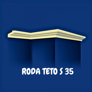 Roda Teto  S35 Poliestireno Extrudido (70 kg/m3), branco, não tóxico, sem CFC nem HCFC Peça com 2 metros lineares  Os perfis não necessitam de nenhuma aplicação de primário e podem ser pintados diretamente com qualquer tinta sem solventes (de base aquosa), se precisar utilizar uma tinta com solvente, deverá sempre utilizar primeiro uma tinta sem solvente Lisa com acabamento acetinado e com as extremidades cortadas a 90° graus, o reverso do perl é ranhurado para uma melhor colagem. Fabricado na Alemanha